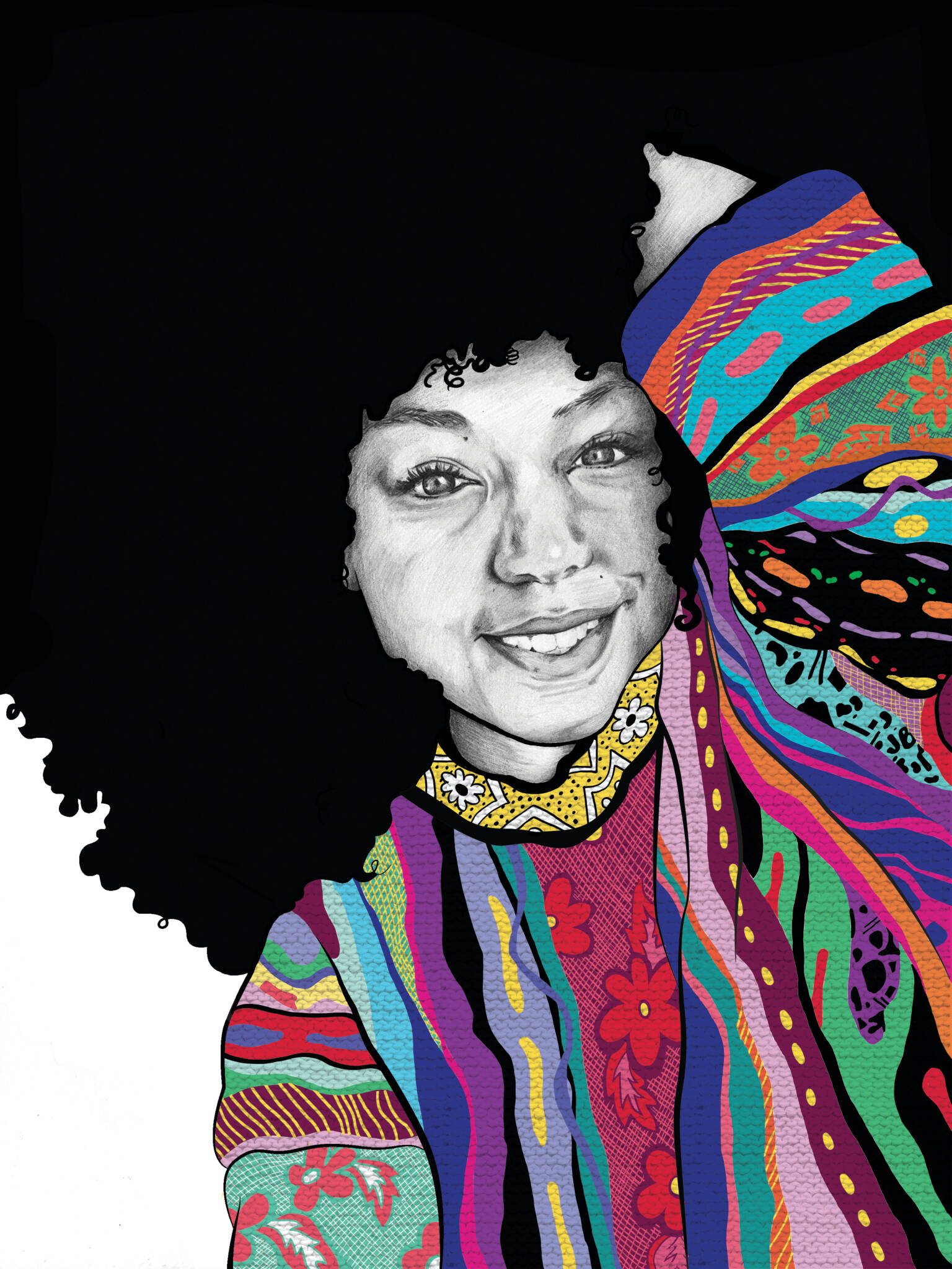 Digital image of a portrait of a woman with dark hair and a brightly colored shirt with lots of patterns.